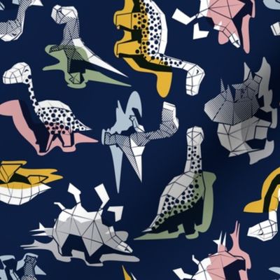 Small scale // Geometric Dinos // non directional design navy blue background mustard yellow sage green pastel blue blush pink and grey dinosaurs shadows