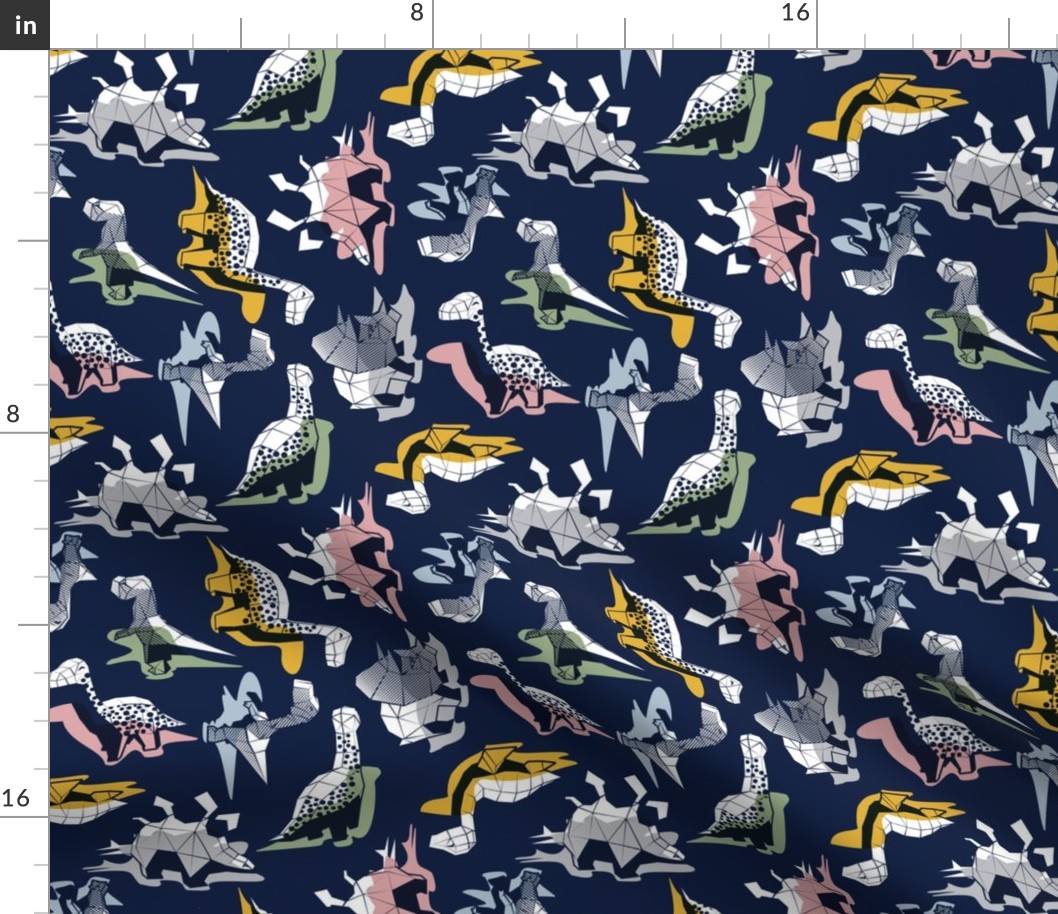 Small scale // Geometric Dinos // non directional design navy blue background mustard yellow sage green pastel blue blush pink and grey dinosaurs shadows