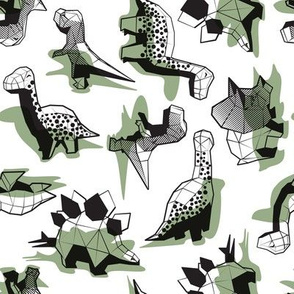 Small scale // Geometric Dinos // non directional design white background sage green dinosaurs shadows