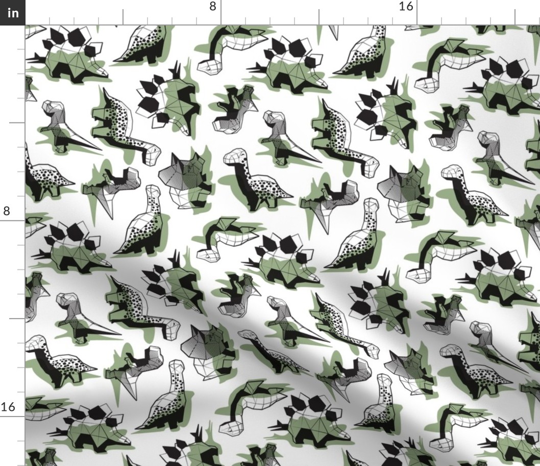 Small scale // Geometric Dinos // non directional design white background sage green dinosaurs shadows
