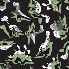 Small scale // Geometric Dinos // non directional design black background sage green dinosaurs shadows