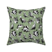 Small scale // Geometric Dinos // non directional design sage green background black and white dinosaurs