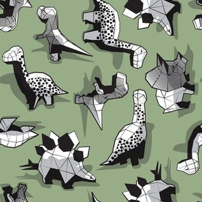 Small scale // Geometric Dinos // non directional design sage green background black and white dinosaurs