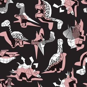 Small scale // Geometric Dinos // non directional design black background blush pink dinosaurs shadows