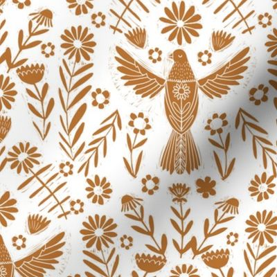 folk bird fabric - bird fabric, bird wallpaper, linocut design by andrea lauren - golden yellow