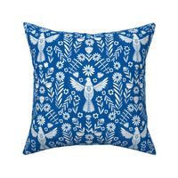 folk bird fabric - bird fabric, bird wallpaper, linocut design by andrea lauren - classic blue