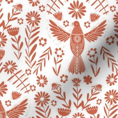 folk bird fabric - bird fabric, bird wallpaper, linocut design by andrea lauren - brick red
