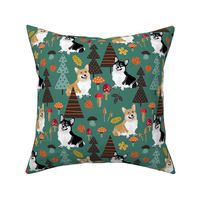9" corgi in forest searching for mushrooms, dog fabric dog fabric - teal