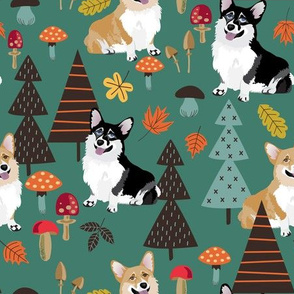 9" corgi in forest searching for mushrooms, dog fabric dog fabric - teal