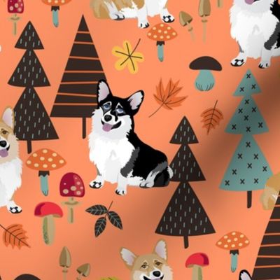 9" corgi in forest searching for mushrooms, dog fabric dog fabric - orange 