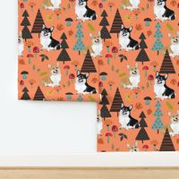 9" corgi in forest searching for mushrooms, dog fabric dog fabric - orange 