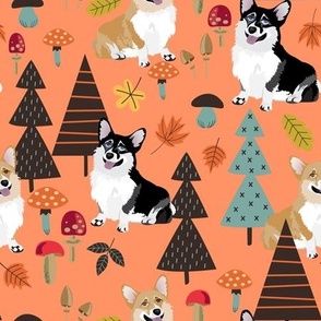 9" corgi in forest searching for mushrooms, dog fabric dog fabric - orange 