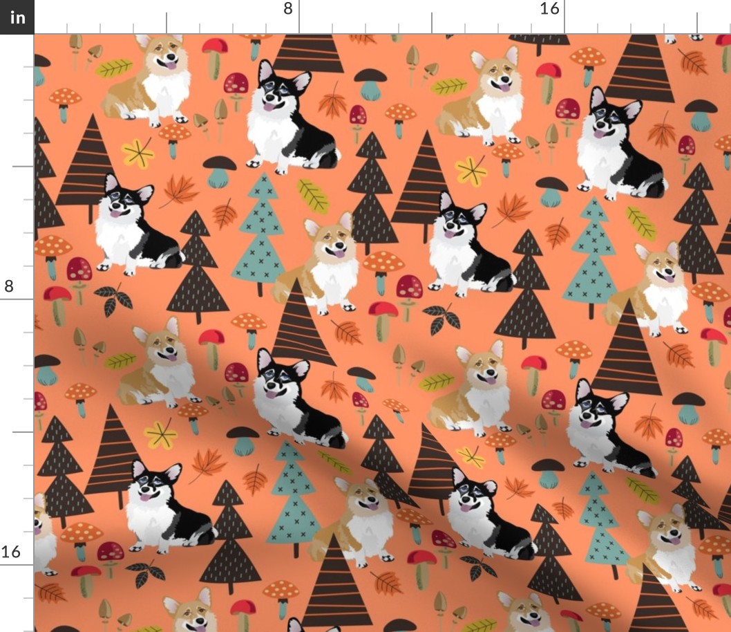 9" corgi in forest searching for mushrooms, dog fabric dog fabric - orange 