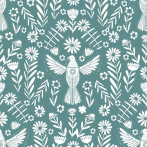 folk bird fabric - bird fabric, bird wallpaper, linocut design by andrea lauren - teal