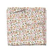 corgi fall in garden day, mushrooms and flowers fabric, dog fabric dog fabric -white