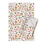 Whimsical corgi fall in garden day, mushrooms and flowers fabric, dog fabric dog fabric -white