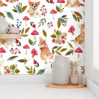 Whimsical corgi fall in garden day, mushrooms and flowers fabric, dog fabric dog fabric -white