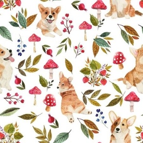 corgi fall in garden day, mushrooms and flowers fabric, dog fabric dog fabric -white