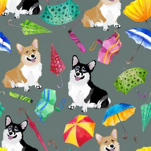 9" corgi bad weather day, dog fabric dog fabric -teal