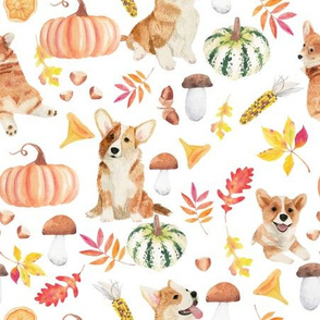 corgi fall in garden day, pumpkins and mushrooms fabric, dog fabric dog fabric -white