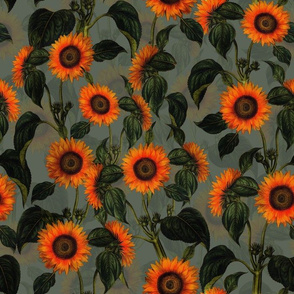14" Vintage Sunflowers on gray  sunflower fabric, sunflowers fabric 