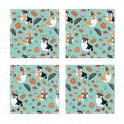 9" corgi in forest searching for mushrooms, dog fabric dog fabric - turquoise