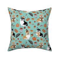 9" corgi in forest searching for mushrooms, dog fabric dog fabric - turquoise