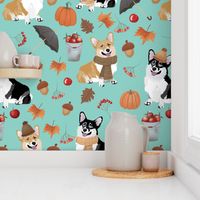 9" corgi in forest searching for mushrooms, dog fabric dog fabric - turquoise