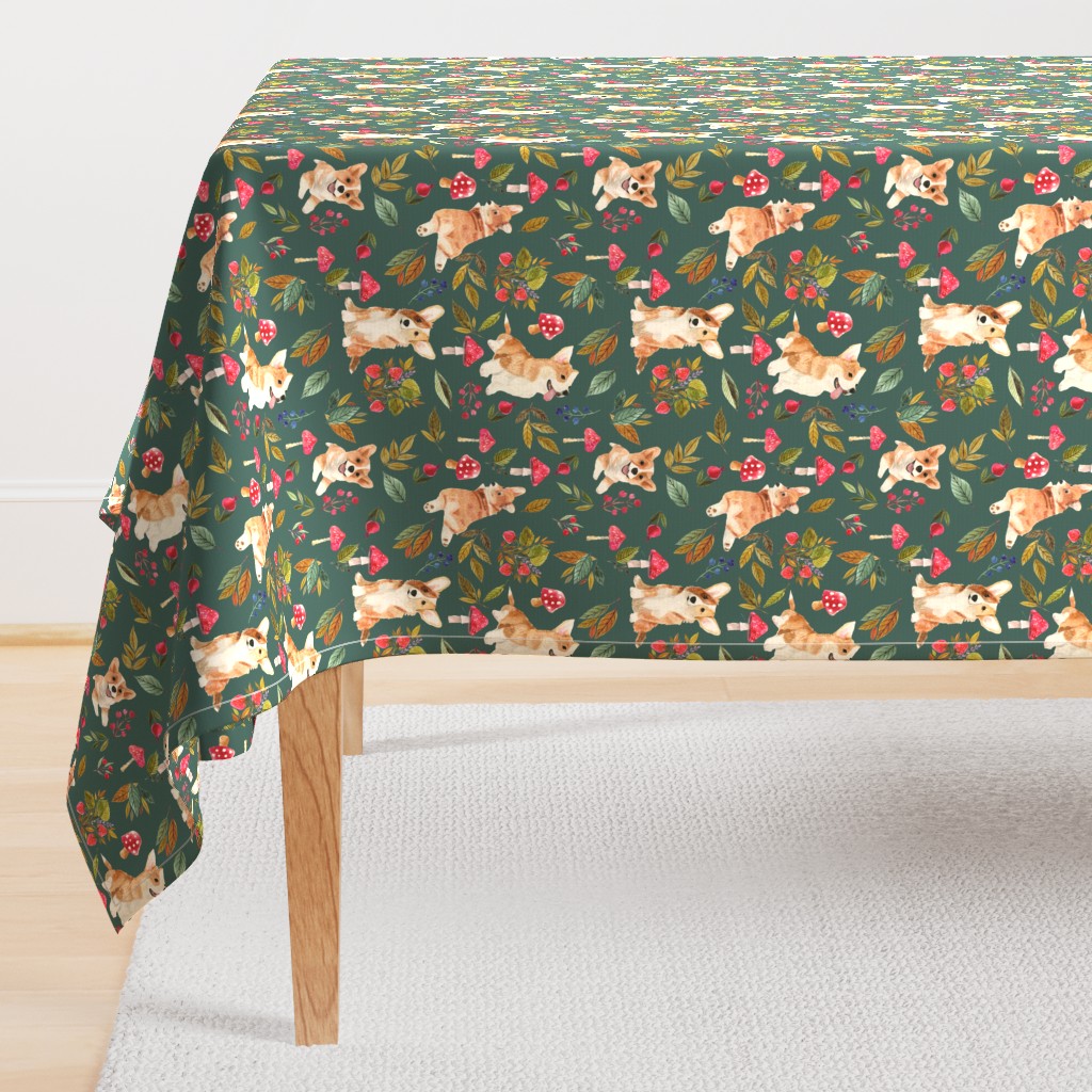 9" corgi fall in garden day, pumpkins and mushrooms fabric, dog fabric dog fabric -teal