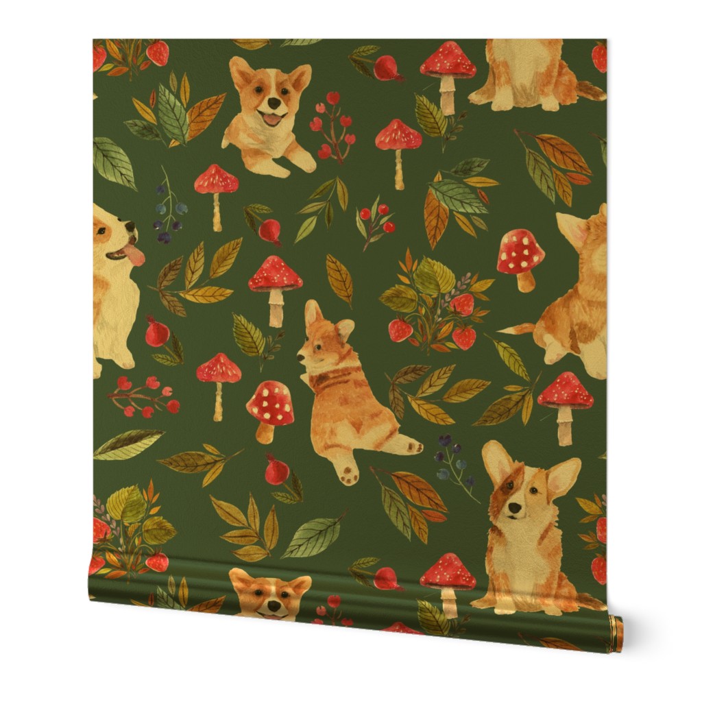 9" corgi fall in garden day, pumpkins and mushrooms fabric, dog fabric dog fabric -teal