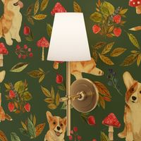 9" corgi fall in garden day, pumpkins and mushrooms fabric, dog fabric dog fabric -teal