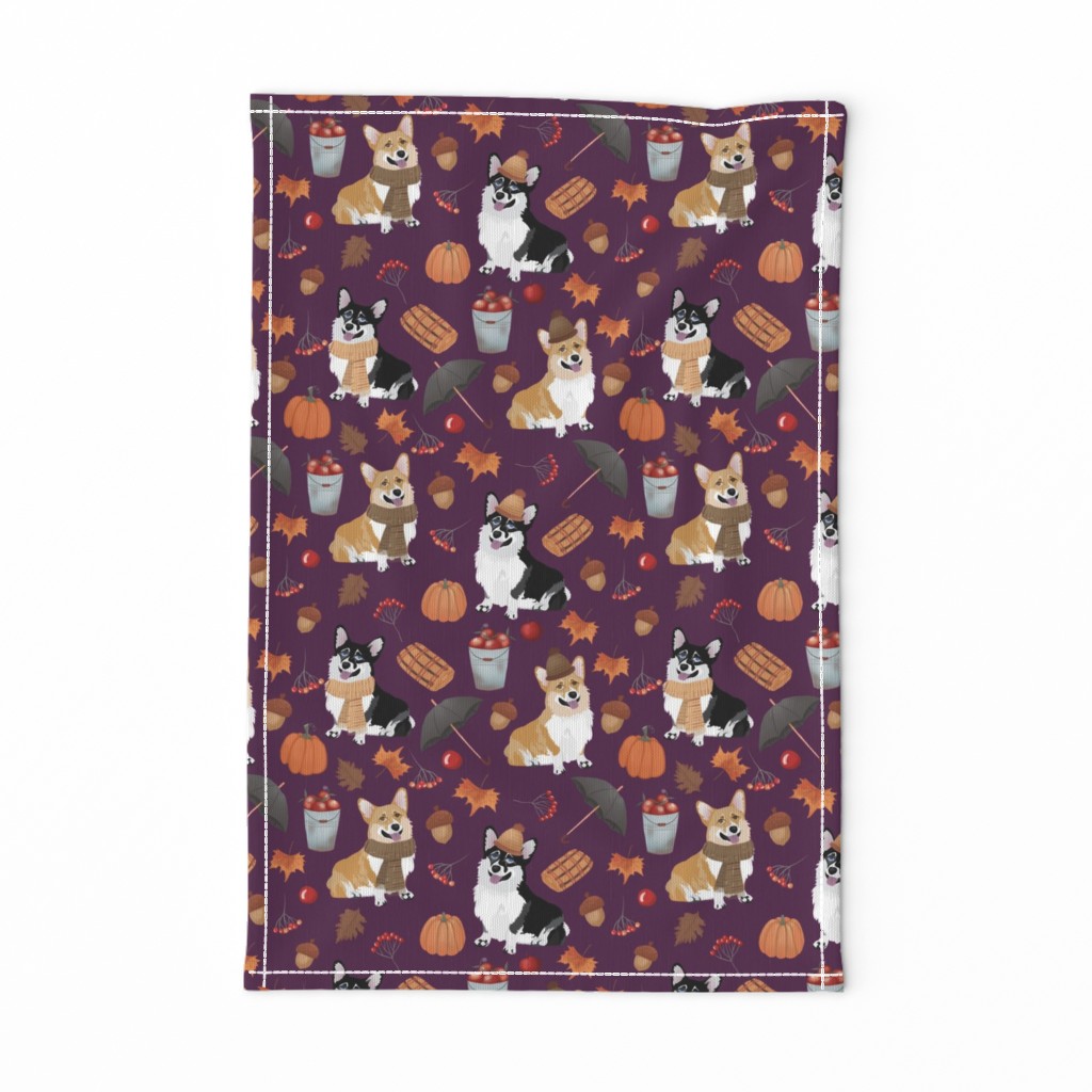 9" corgi in forest searching for mushrooms, dog fabric dog fabric - purple