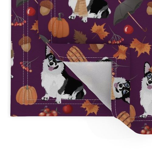 9" corgi in forest searching for mushrooms, dog fabric dog fabric - purple