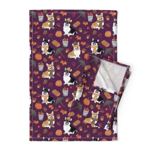 9" corgi in forest searching for mushrooms, dog fabric dog fabric - purple