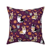 9" corgi in forest searching for mushrooms, dog fabric dog fabric - purple