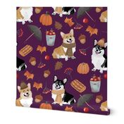 9" corgi in forest searching for mushrooms, dog fabric dog fabric - purple