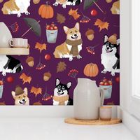 9" corgi in forest searching for mushrooms, dog fabric dog fabric - purple