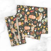 9" corgi fall in garden day, pumpkins and mushrooms fabric, dog fabric dog fabric -green