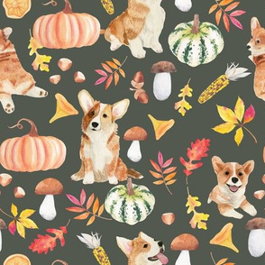 9" corgi fall in garden day, pumpkins and mushrooms fabric, dog fabric dog fabric -green