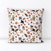 9" corgi fall in garden day, pumpkins and mushrooms fabric, dog fabric dog fabric -white