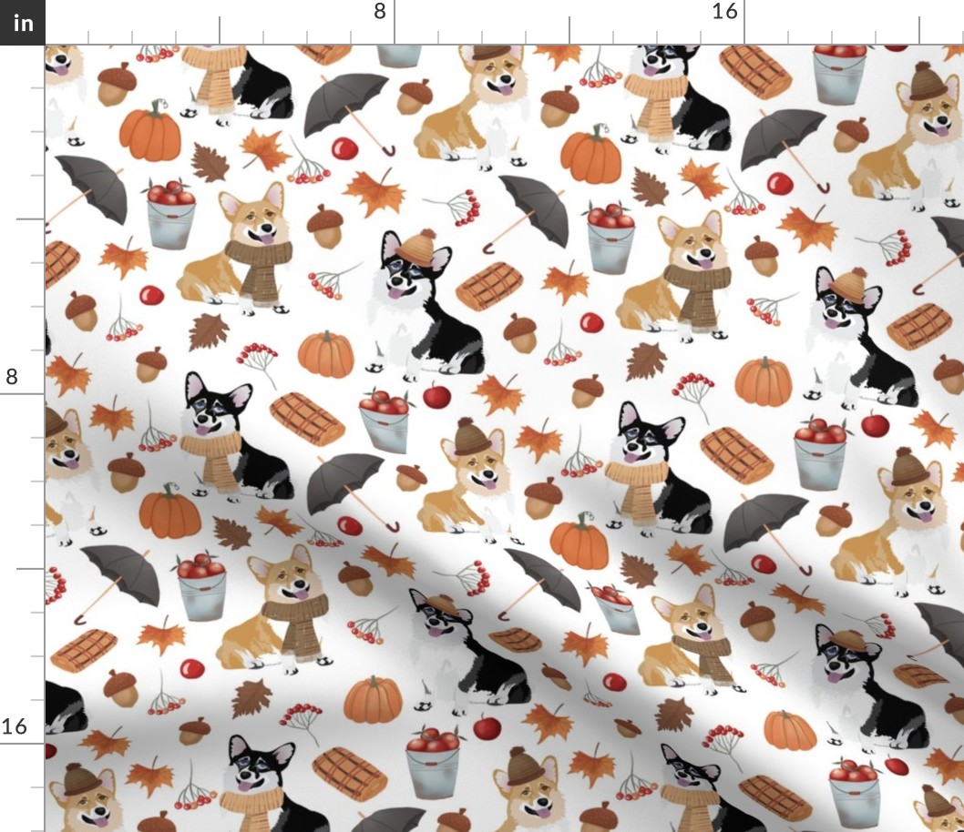 9" corgi fall in garden day, pumpkins and mushrooms fabric, dog fabric dog fabric -white