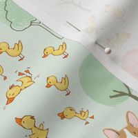 7" Cute Corgi Farm Ducklings Garden - Corgi Fabric, Dog Fabric green