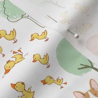 7" Cute Corgi Farm Ducklings Garden - Corgi Fabric, Dog Fabric white