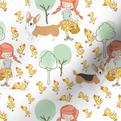 7" Cute Corgi Farm Ducklings Garden - Corgi Fabric, Dog Fabric white