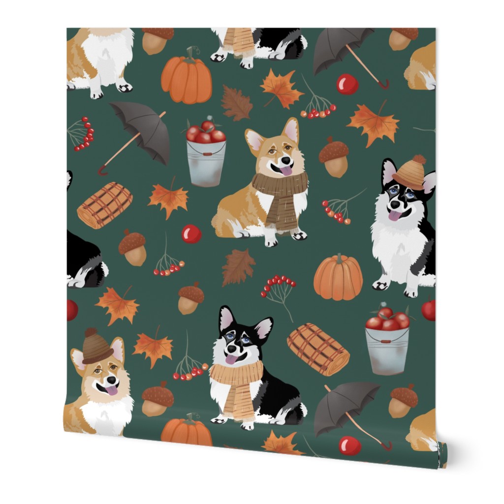 9" corgi fall in garden day, pumpkins and mushrooms fabric, dog fabric dog fabric -teal