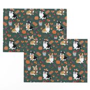 9" corgi fall in garden day, pumpkins and mushrooms fabric, dog fabric dog fabric -teal