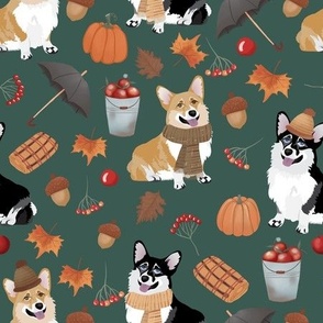 9" corgi fall in garden day, pumpkins and mushrooms fabric, dog fabric dog fabric -teal