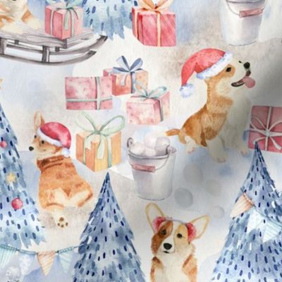 9" Corgis Celebrate Christmas In White Wintervintage christmas Forest, Corgi Fabric, Dog Fabric -white