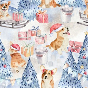 9" Corgis Celebrate Christmas In White Wintervintage christmas Forest, Corgi Fabric, Dog Fabric -white