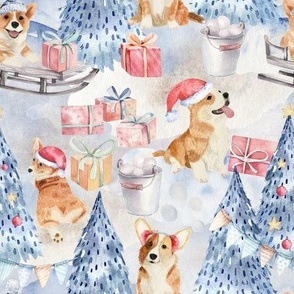 9" Corgis Celebrate Christmas In White Winter vintage christmas Forest, Corgi Fabric, Dog Fabric -dark